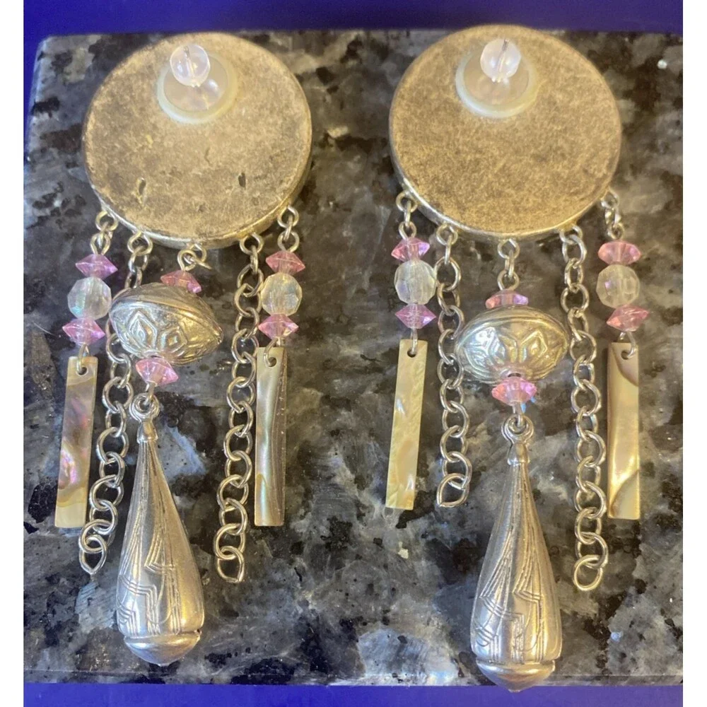 Vintage Artisan Boho Style Drop Earrings.Iridescent Pink and Silver